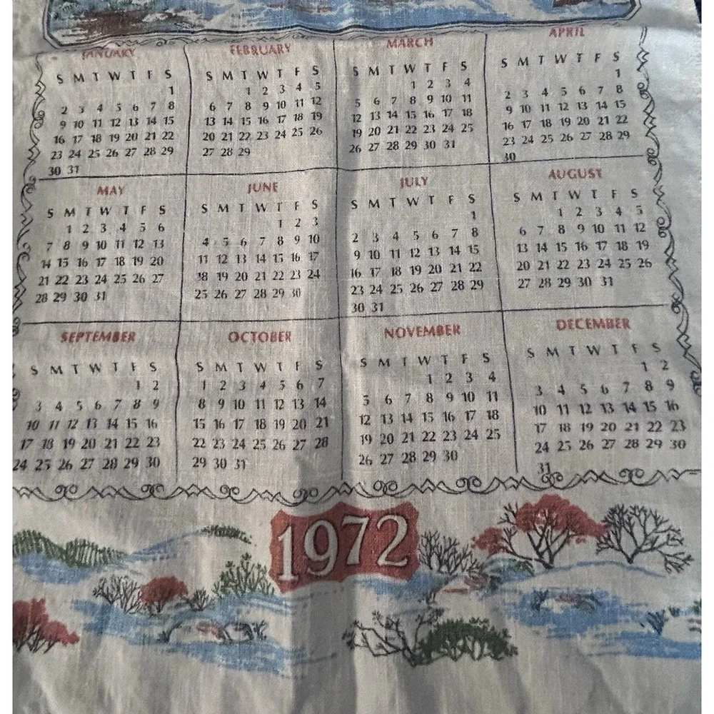 Vtg 1972 Linen Calendar Tea Towel Winter Barn Farmhouse Kitchen Wall Decor